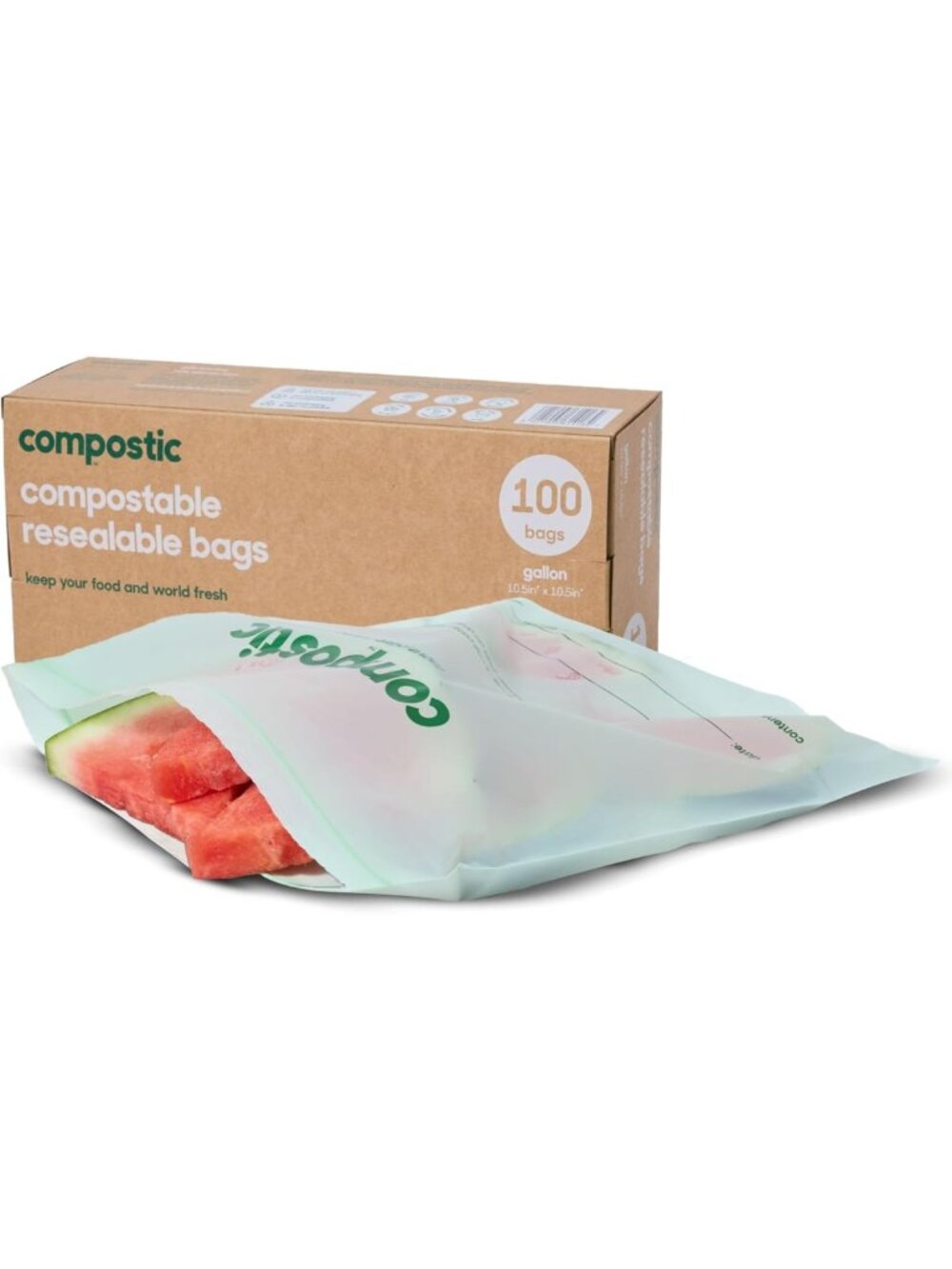 Eco-Friendly Compostable Gallon Bags - 100 Count, Resealable, Freezer Safe